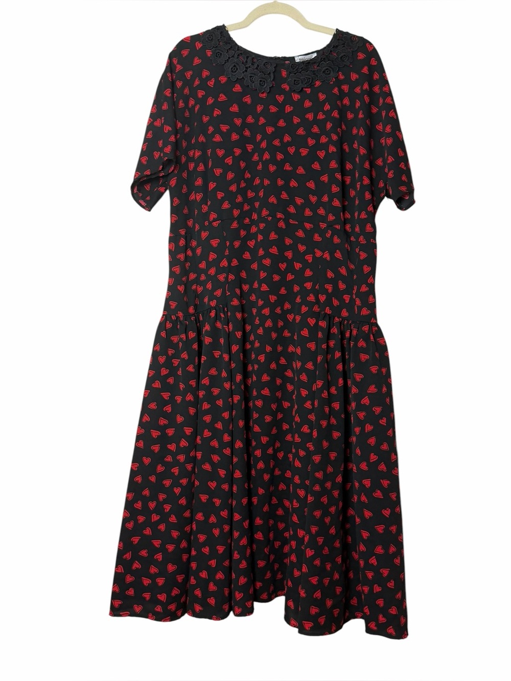 Unique Vintage Margie 1940s Heart Print Midi Dress Black Red Lace Collar 2X - Picture 4 of 9